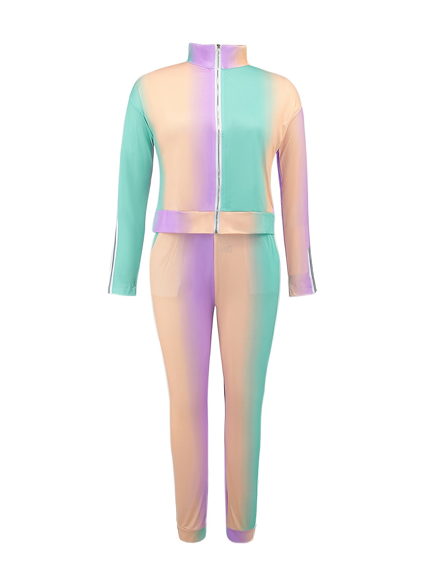 Ombre Print Zip Up Jacket & Leggings Set Casual 2pcs Outfits