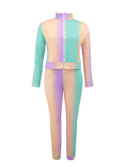 Ombre Print Zip Up Jacket & Leggings Set Casual 2pcs Outfits