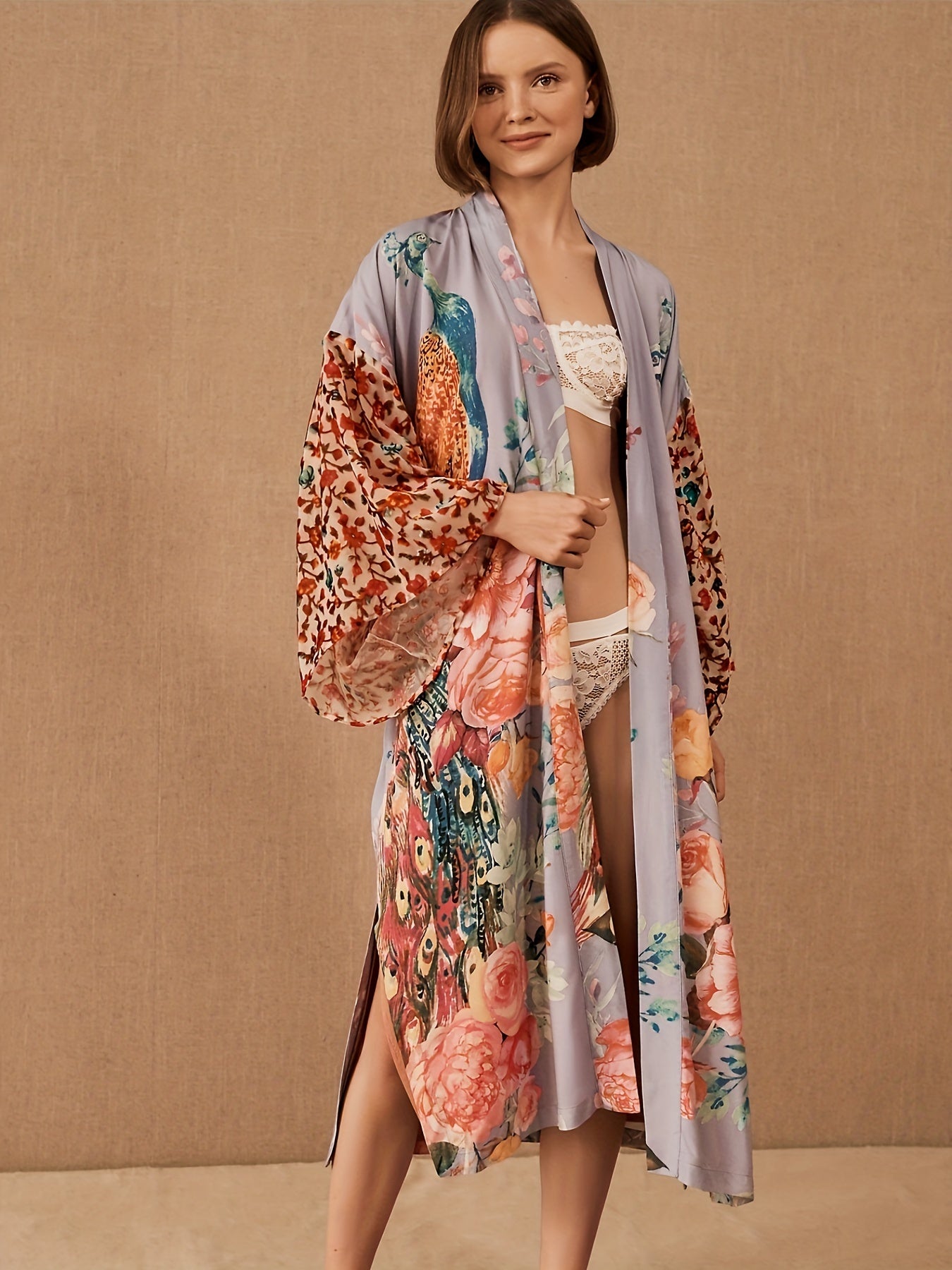 Floral Peacock Print Cover Up Kimono Long Sleeves Loose