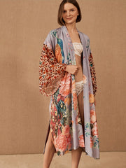 Floral Peacock Print Cover Up Kimono Long Sleeves Loose