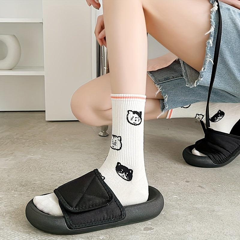 6 Pairs Cartoon Cat Print Socks Women's Mid Tube Stockings