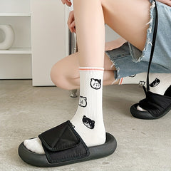 6 Pairs Cartoon Cat Print Socks Women's Mid Tube Stockings