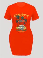Casual Dress Women's Plus Beach & Letter Print Short Sleeve Dress
