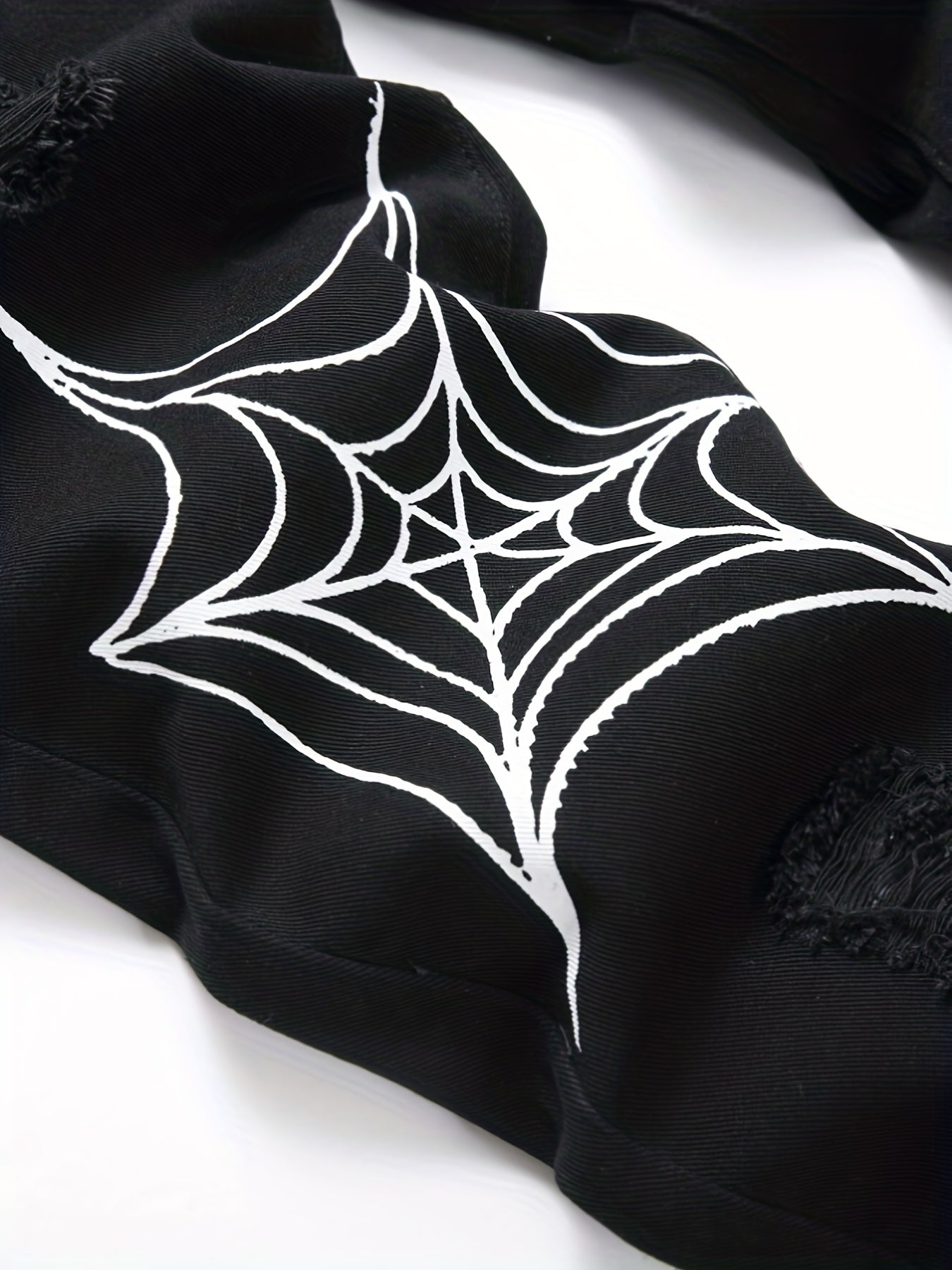 Spider Web Pattern Slim Fit Ripped Jeans Men's Casual Street Style Denim Pants