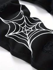 Spider Web Pattern Slim Fit Ripped Jeans Men's Casual Street Style Denim Pants