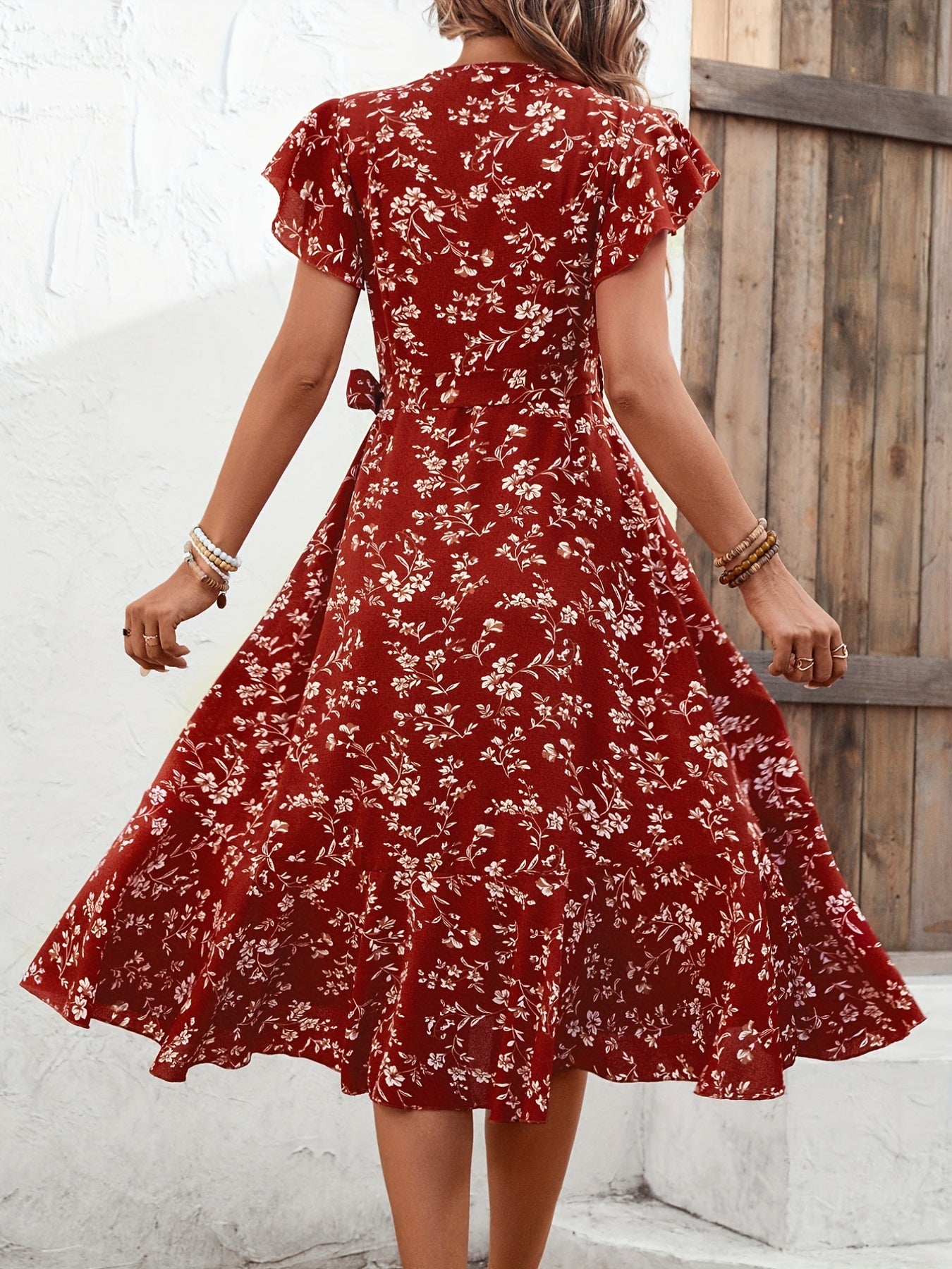 Floral Print V Neck Slim Dress Casual for Spring & Fall