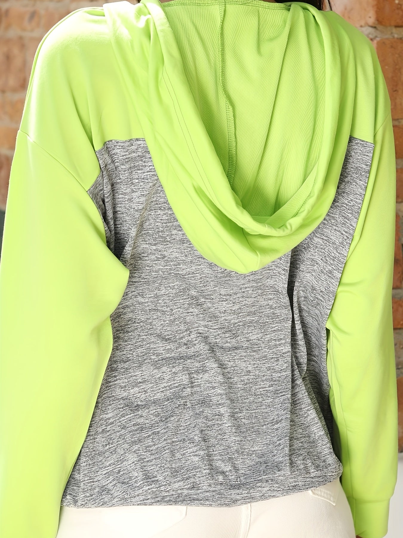 Two Tone Stitching Hooded Shirt Long Sleeve Drawstring Casual Pullover Top
