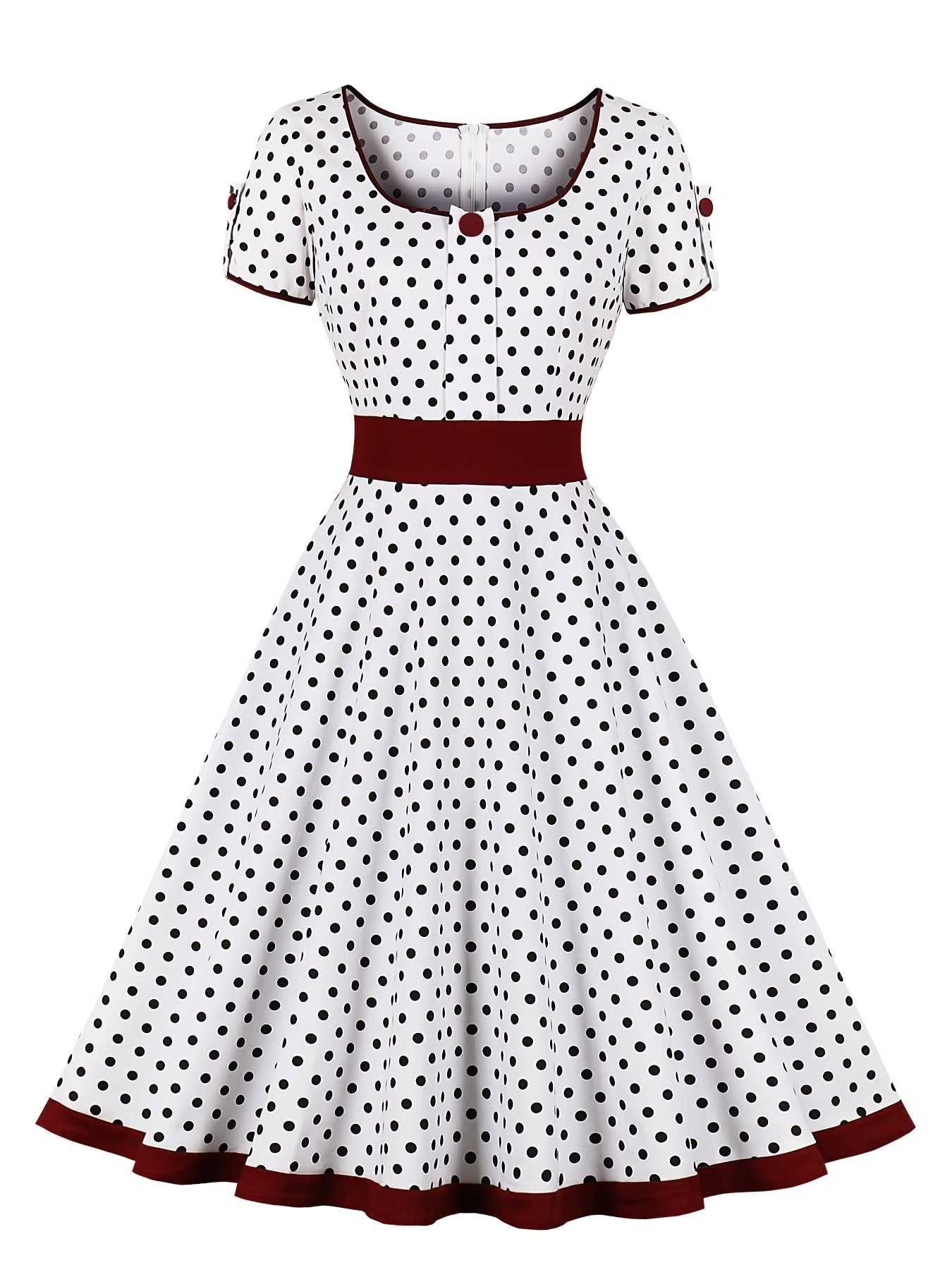 Retro Polka Dot Swing Dress Vintage Crew Neck Puff Sleeve Waist Summer Dresses