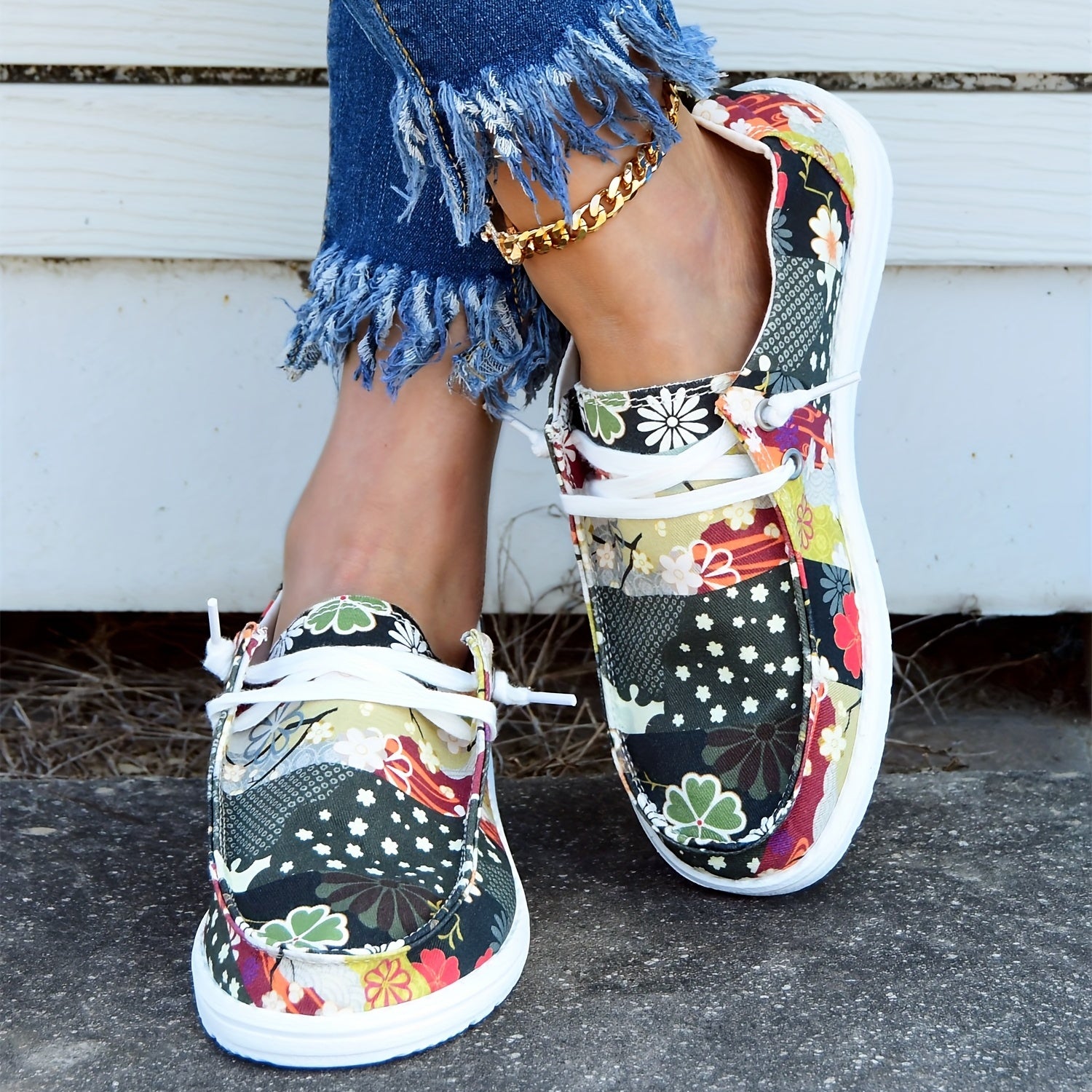 Floral Print Canvas Slip On Flat Casual Walking Shoes