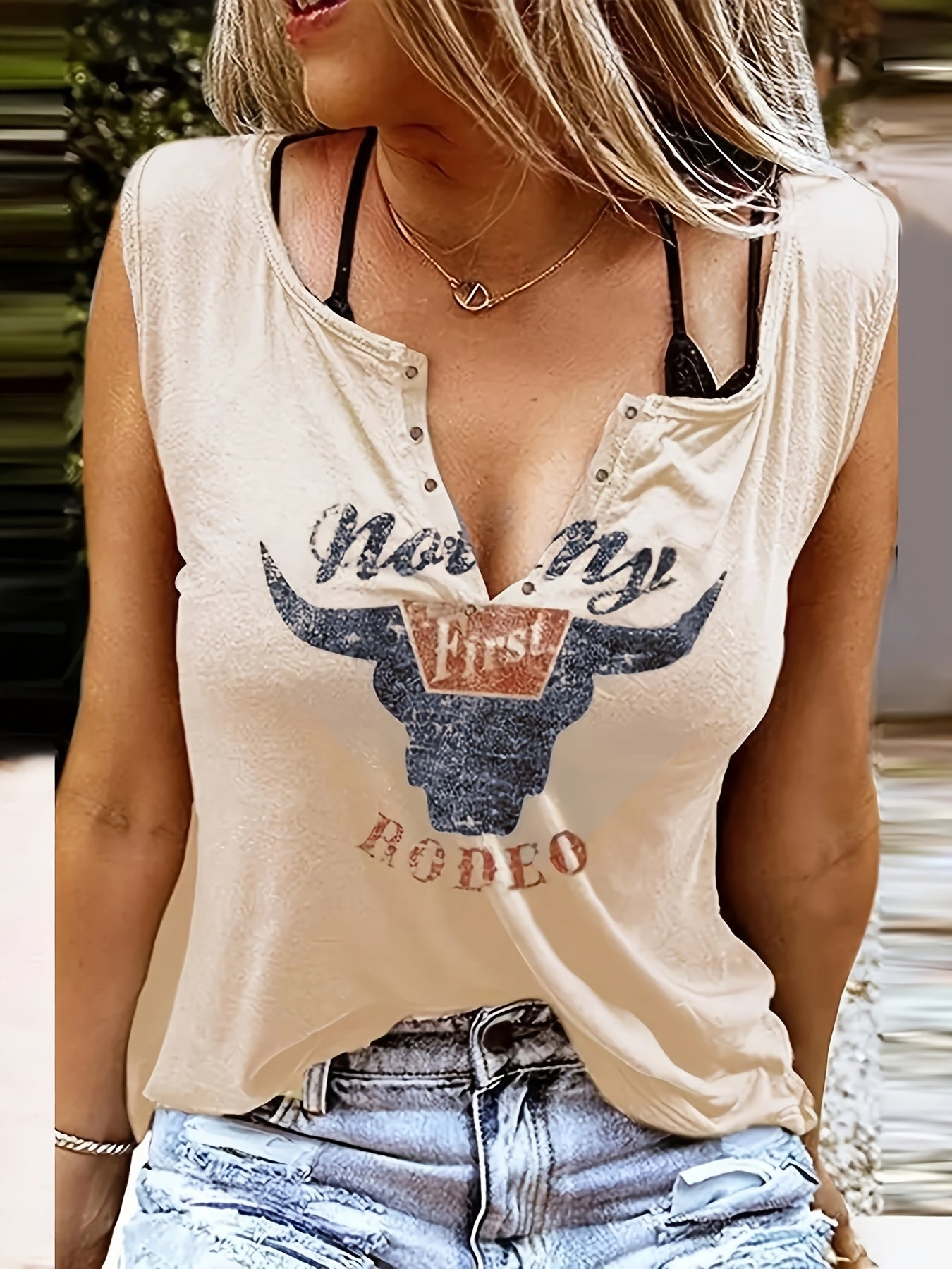 Highland Cattle & Letter Print Tank Top Women's Sleeveless Summer Casual Top