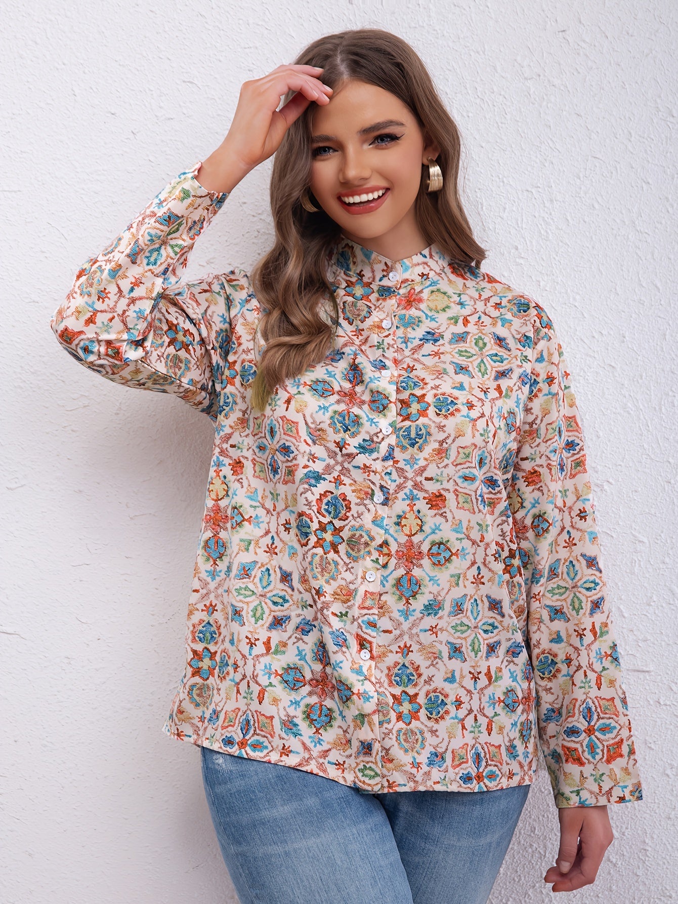 Boho Blouse Women's Plus Allover Print Long Sleeve Button Up Mock Neck Shirt Top