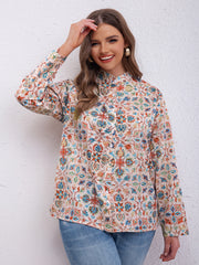 Boho Blouse Women's Plus Allover Print Long Sleeve Button Up Mock Neck Shirt Top