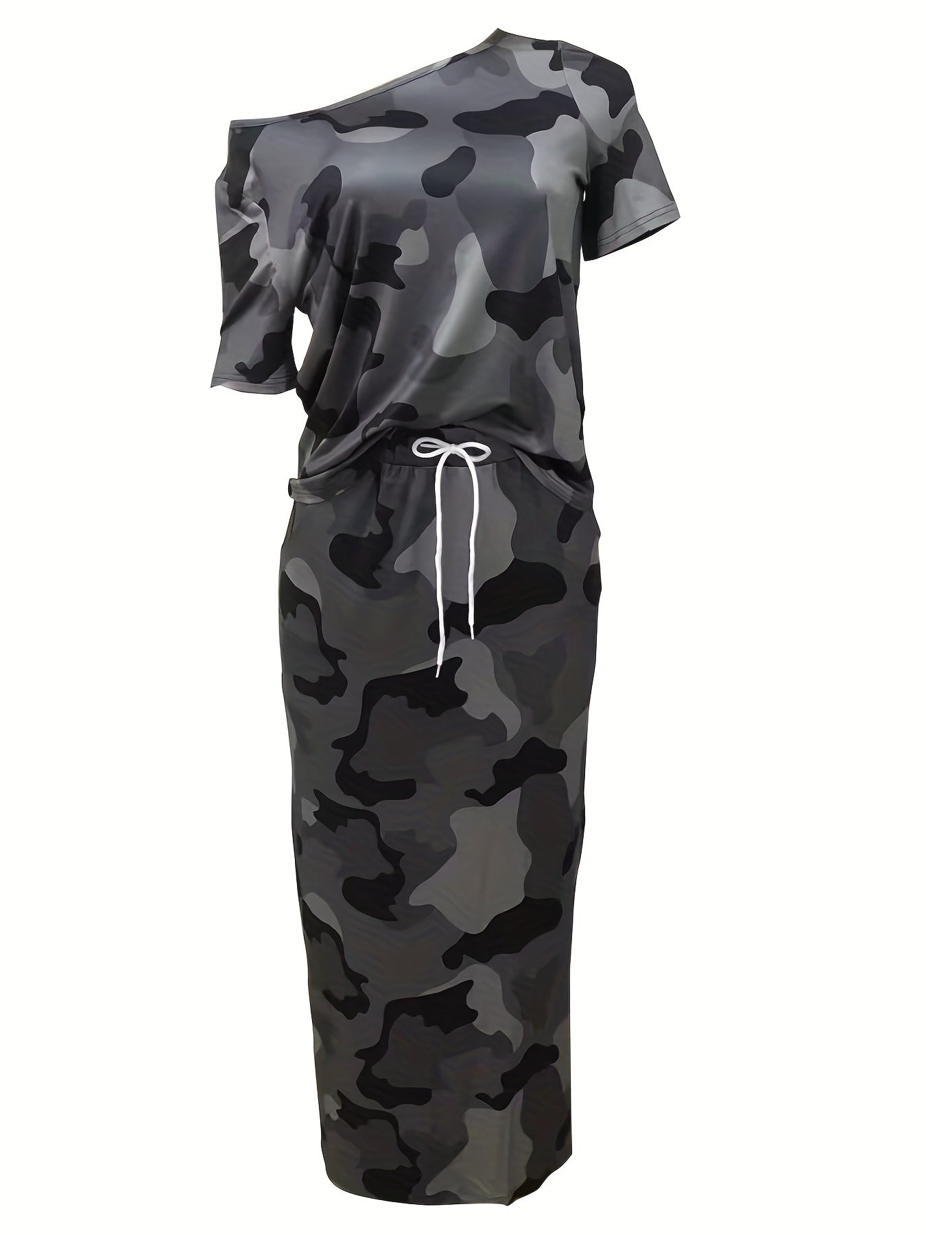 Camo Print Two Piece Skirt Set Cold Shoulder Top & Drawstring Skirt