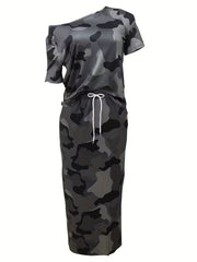 Camo Print Two Piece Skirt Set Cold Shoulder Top & Drawstring Skirt