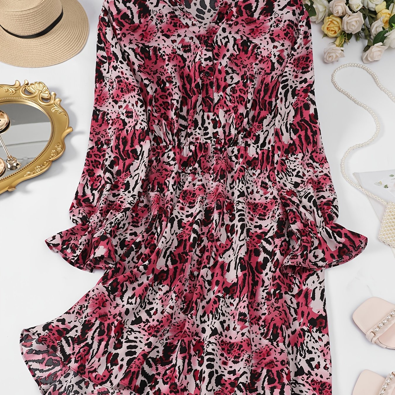 Graphic Print Ruffle Trim Button Up Dress
