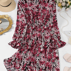 Graphic Print Ruffle Trim Button Up Dress