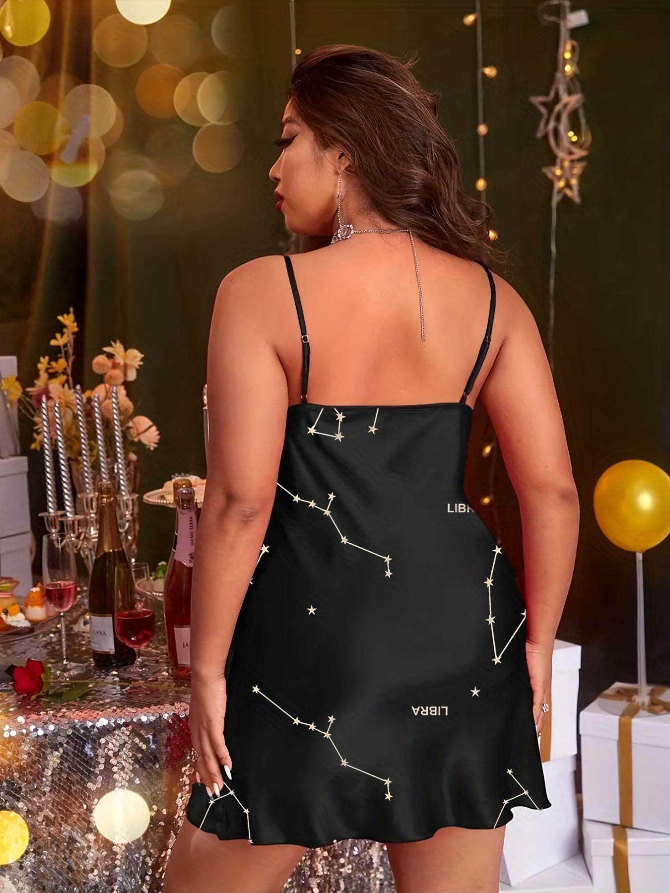 Star Print Round Neck Zodiac Cami Nightshirt