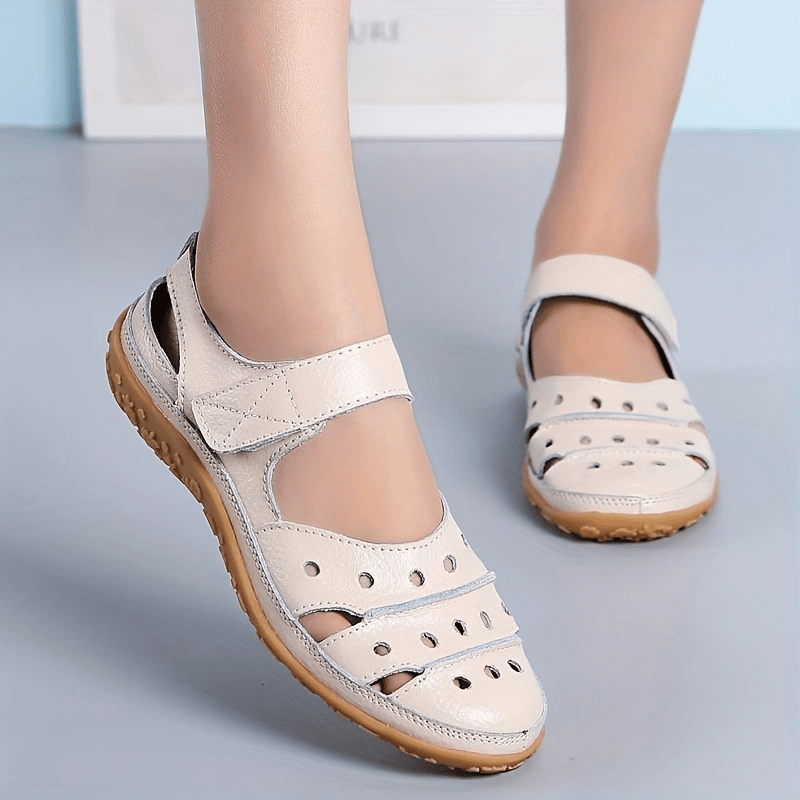 Hollow Out Faux Leather Sandals Hook & Loop Ankle Flat Sandals