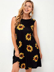Sunflower Print Sleeveless Dress Casual Tank Dress For Spring & Summer