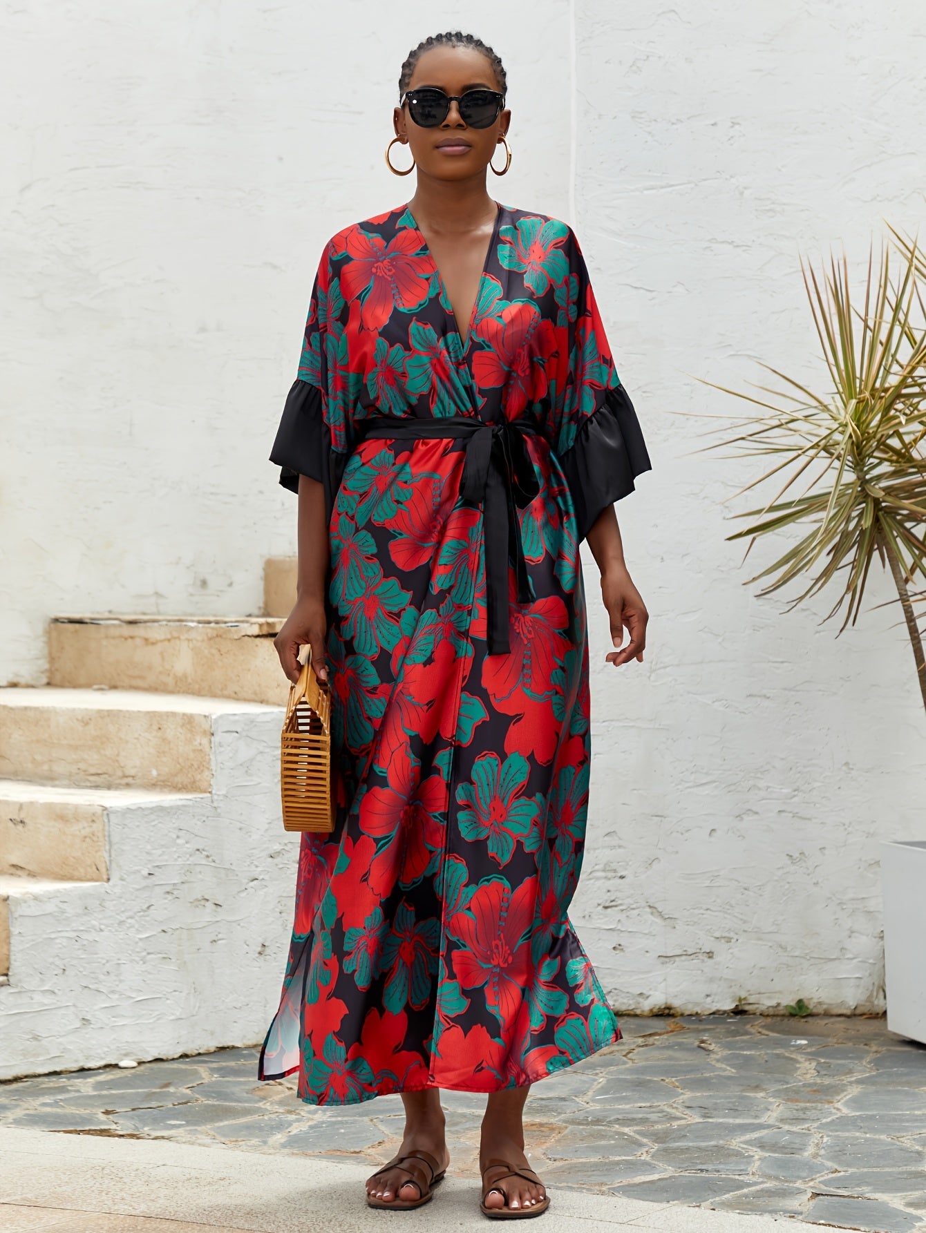 Boho Kimono Women's Plus Floral Print Ruffle Trim Open Front Kimono