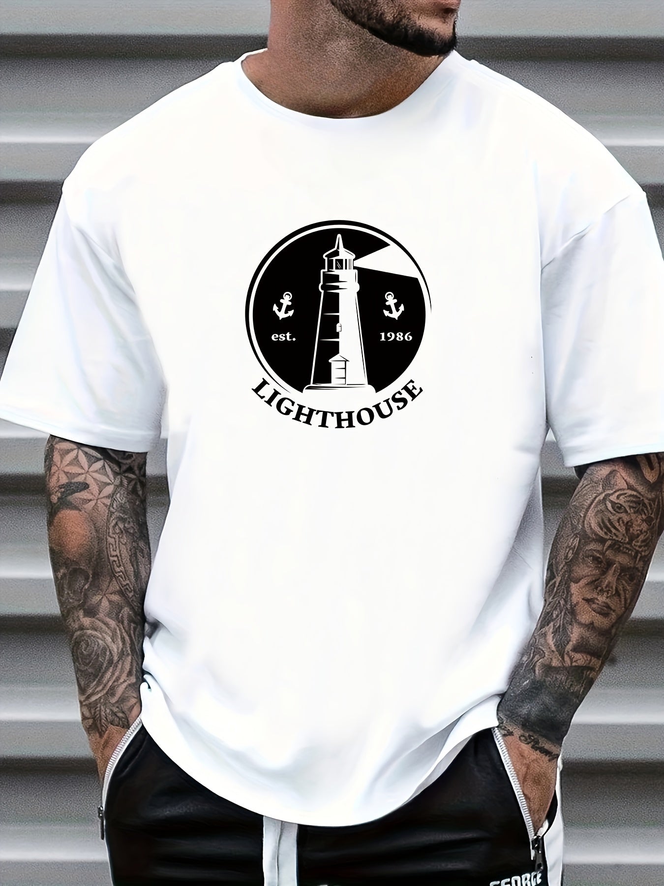 Lighthouse Motorcycle Sea Print Men's Graphic Tee