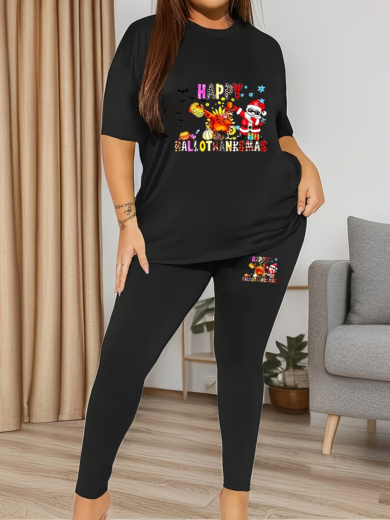 Women's Plus Size Cartoon Santa Claus Tee & Leggings Outfit Set