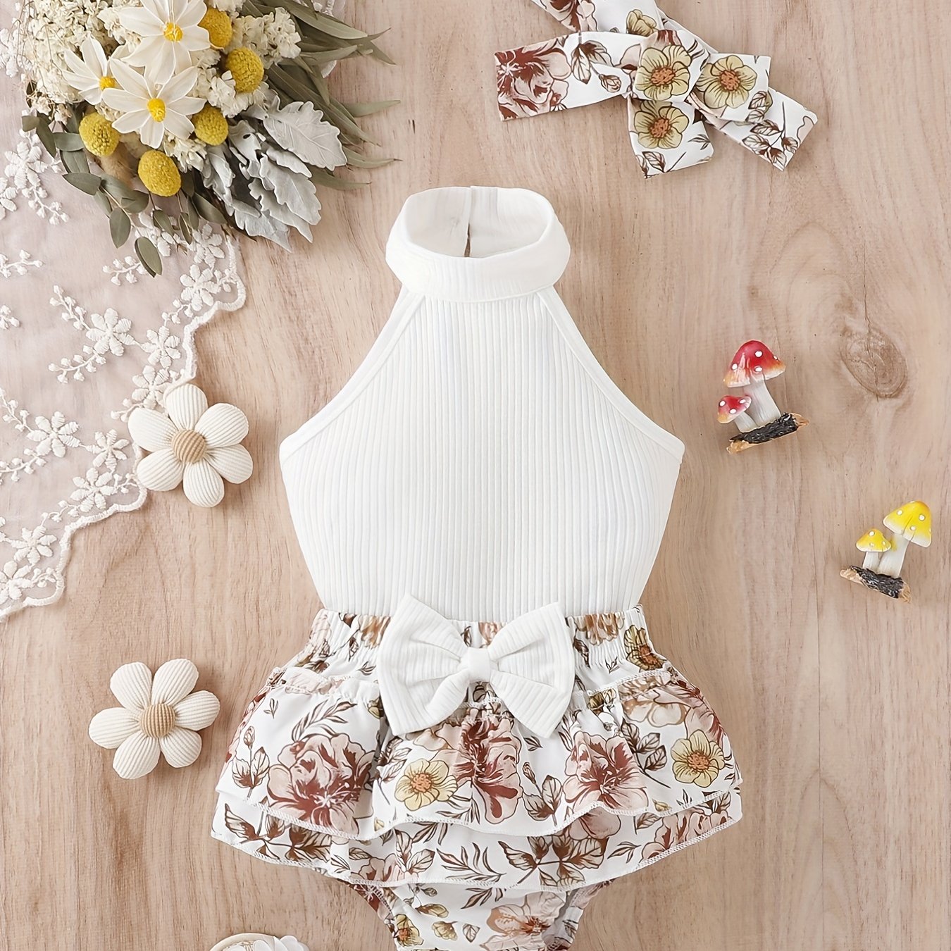 3pcs Baby Girls Casual Ribbed Knit Halter Top & Floral Bowknot Shorts Set