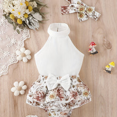 3pcs Baby Girls Casual Ribbed Knit Halter Top & Floral Bowknot Shorts Set