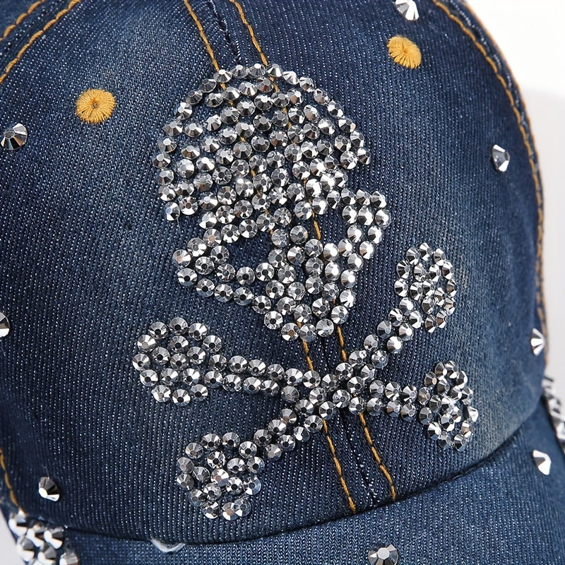 Sparkle Skull Hat for Women - Rhinestone Denim Ball Cap