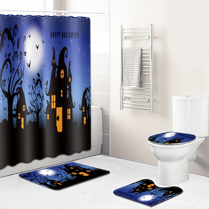 3pcs Halloween Pumpkin Mat Set Non Slip Bathroom Toilet Rug U Shape Mat