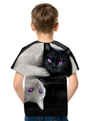 Kids & Cat Pattern T-Shirt Round Neck Short Sleeve Tee
