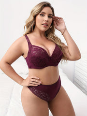 Contrast Lace Bow Bra And Panty Set Plus Size
