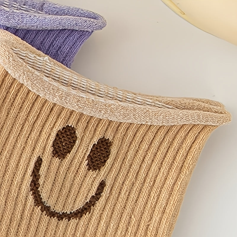 5 Pairs Smiling Face Print Socks Comfy & Breathable Women's Stockings
