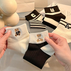 5 Pairs Teddy Bear & Striped Short Socks Women's Stockings