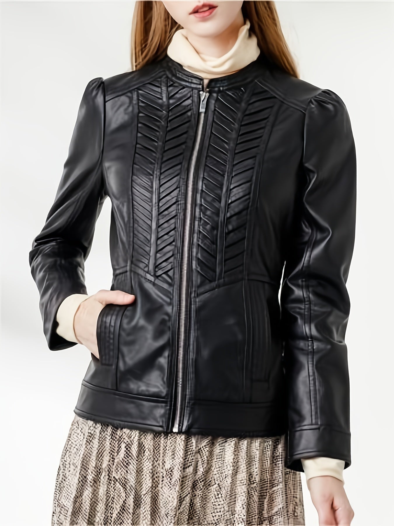 Faux Leather Zipper Coat Woven Pattern Slim Outerwear