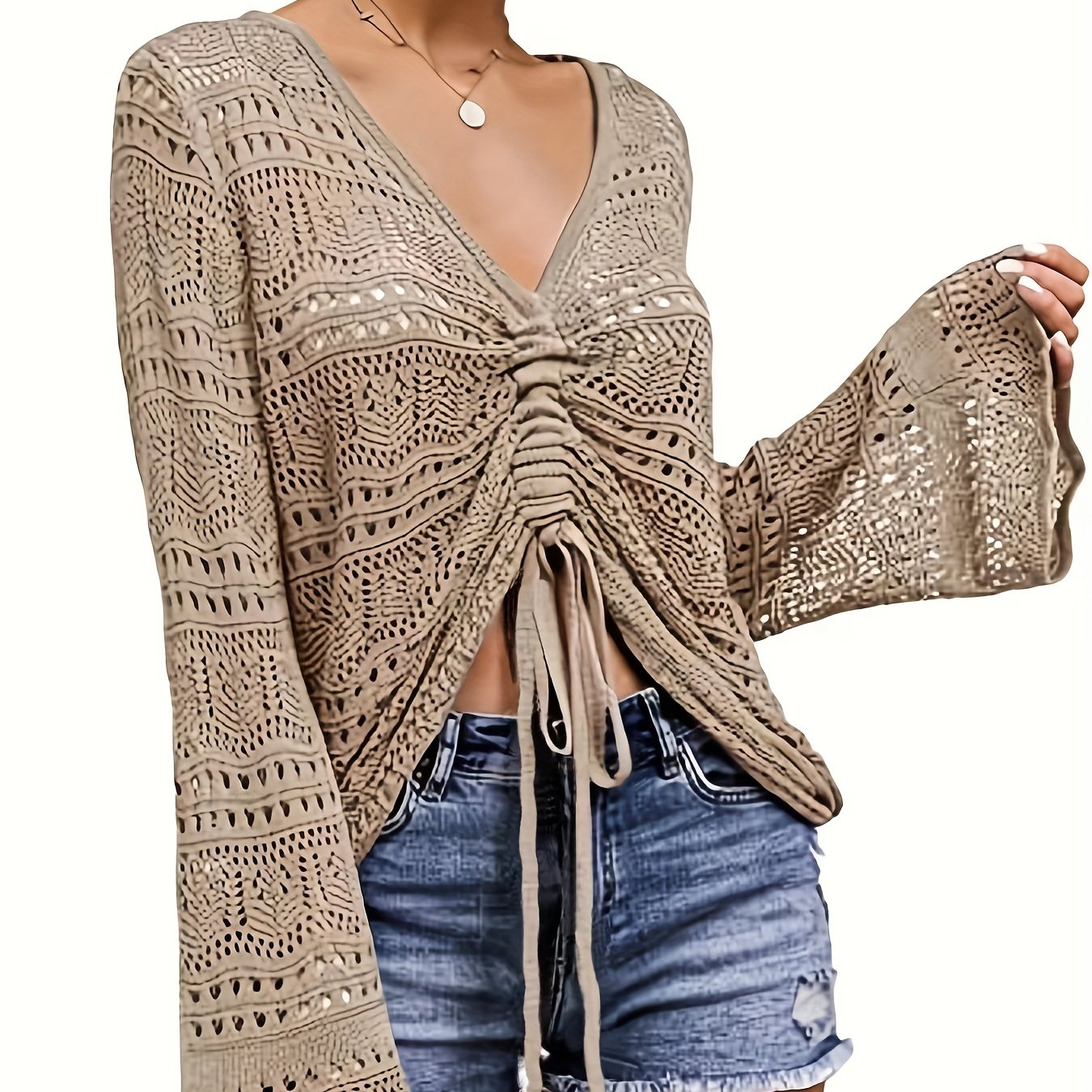 Boho V Neck Drawstring Sweater for Spring & Summer Women's Clothing