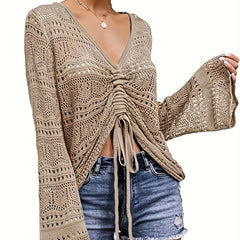 Boho V Neck Drawstring Sweater for Spring & Summer Women's Clothing