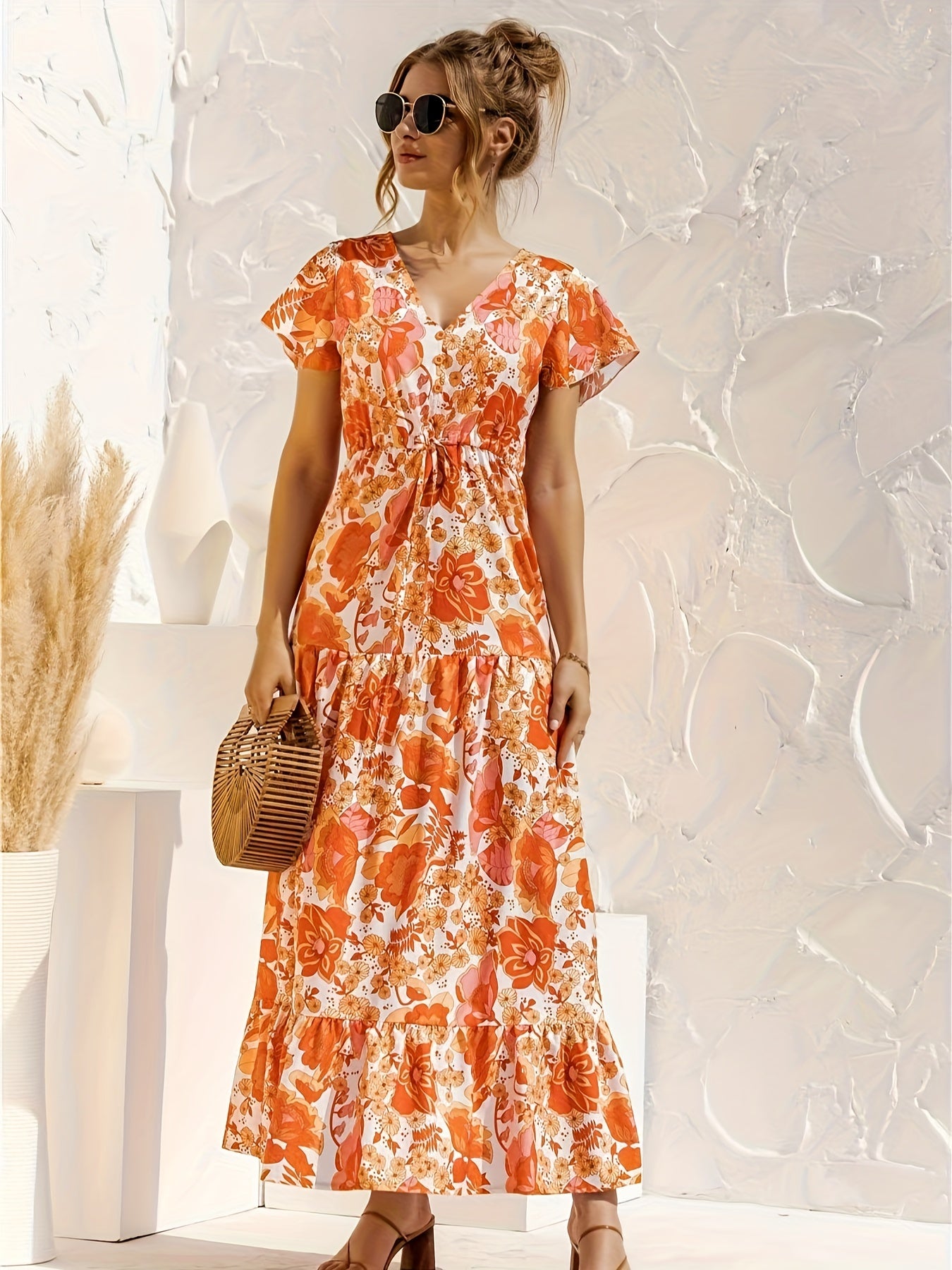 Floral Print Button Decor Smock Maxi Dress