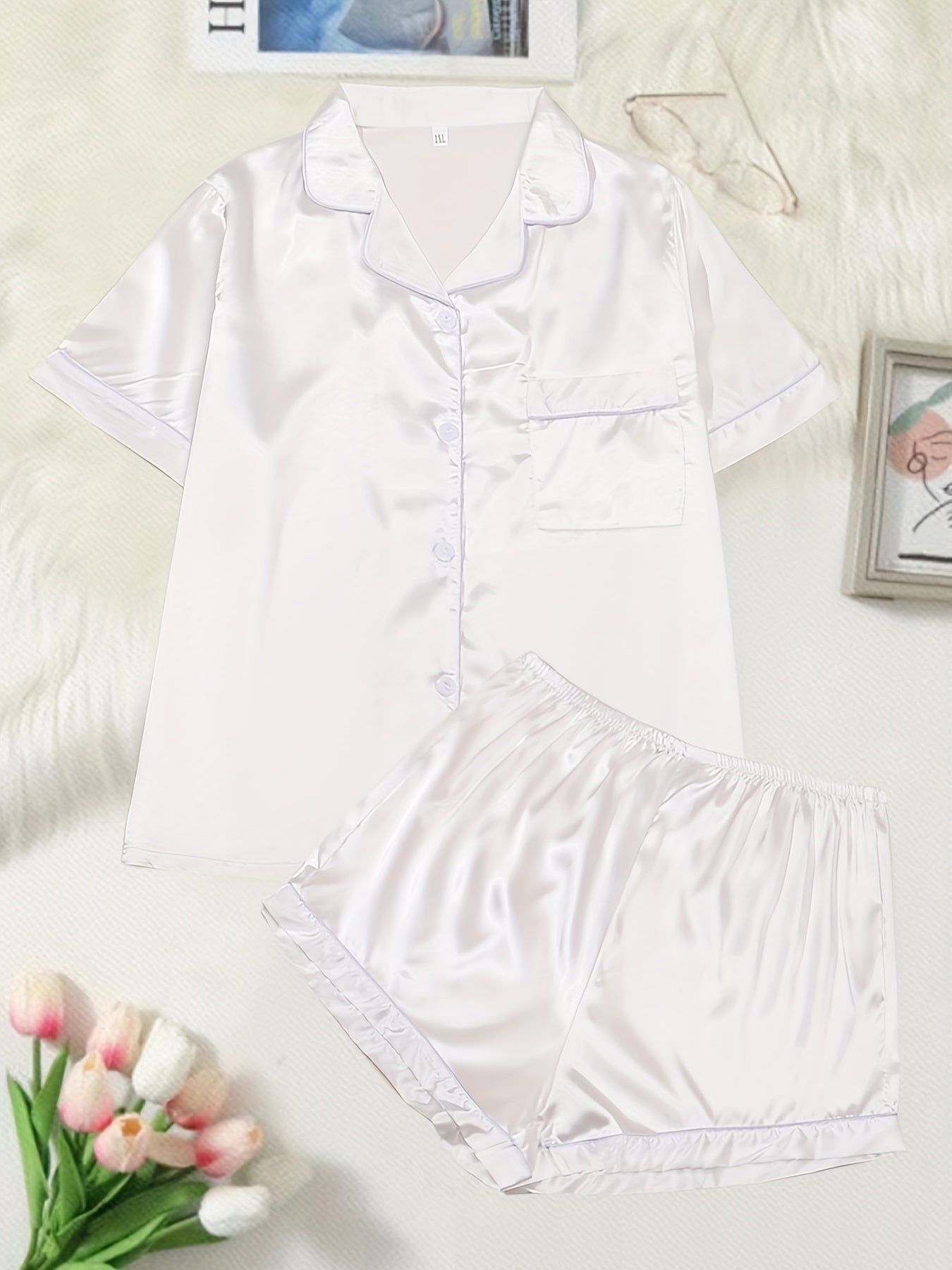 Pajama Set Satin Short Sleeve Shirt & Shorts Home Wear Two Piece