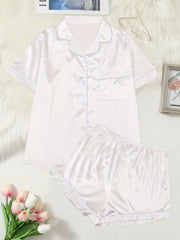 Pajama Set Satin Short Sleeve Shirt & Shorts Home Wear Two Piece