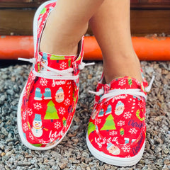 Women's Christmas Cartoon Print Skateboard Shoes Lightweight Low Top Red