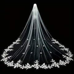 Vintage Lace Bridal Wedding Veil with Floral Patterns Train