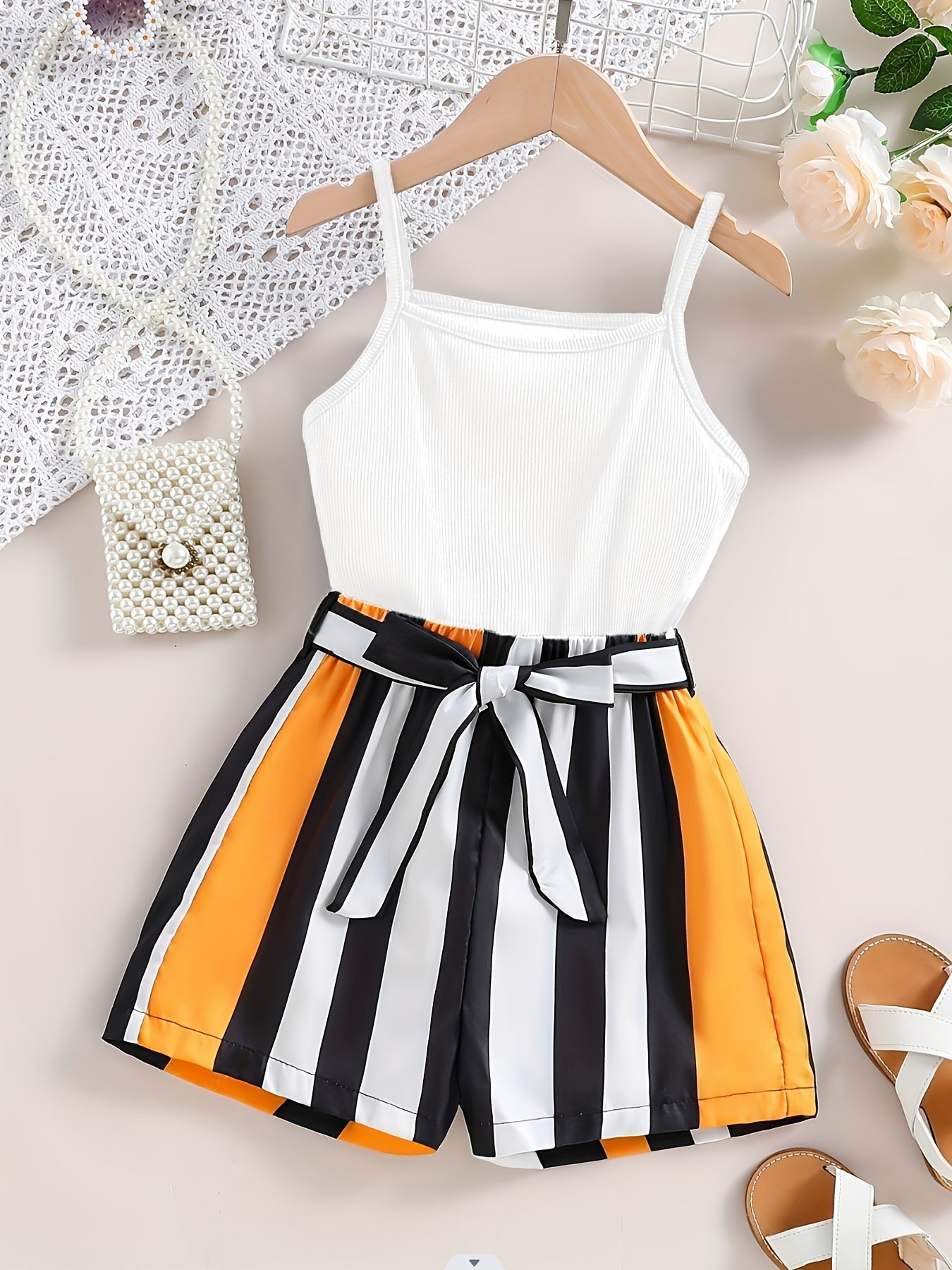 Girls Striped Self Belted Cami Romper Jumpsuits