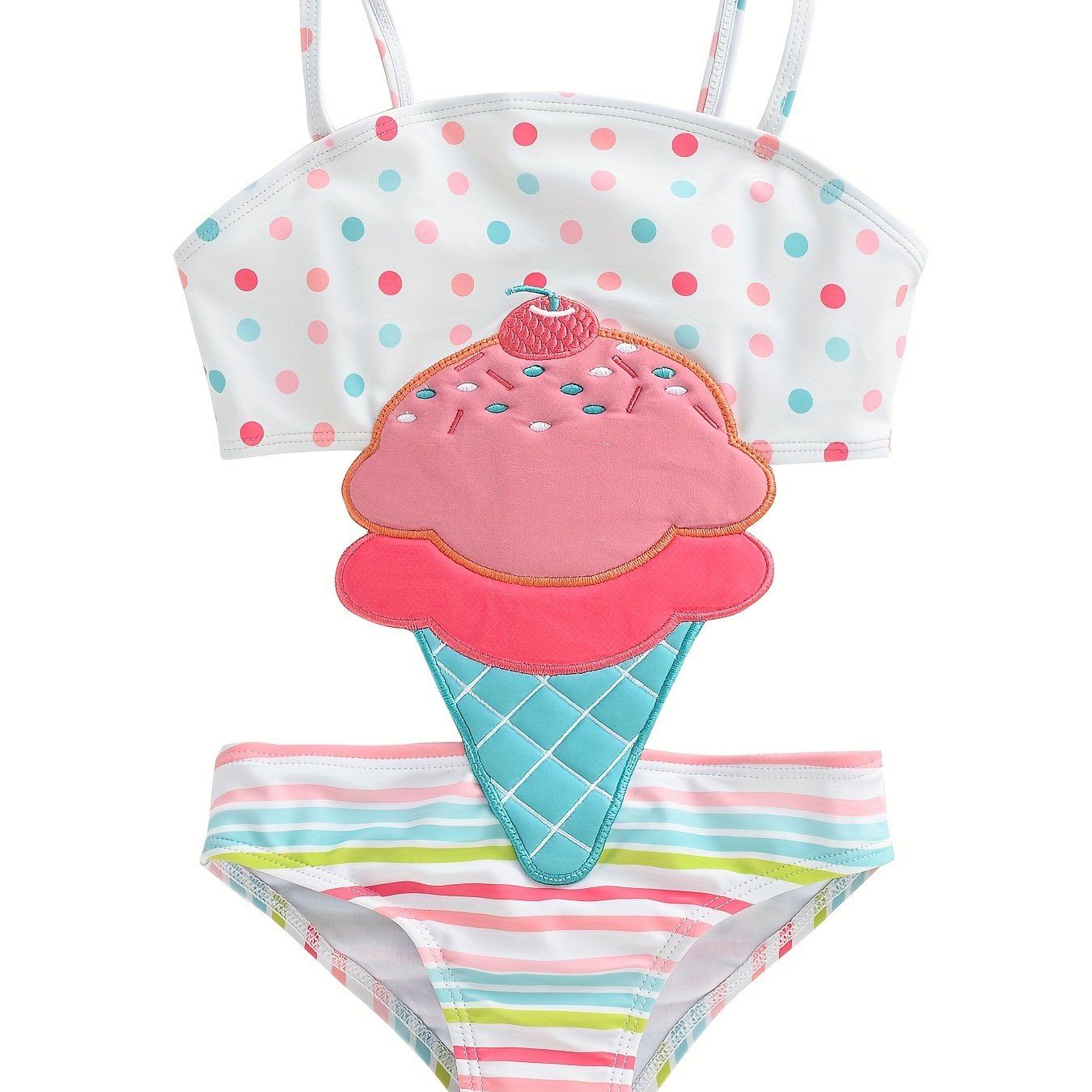 Girls Ice Cream Embroidery Cut Out Swimsuit