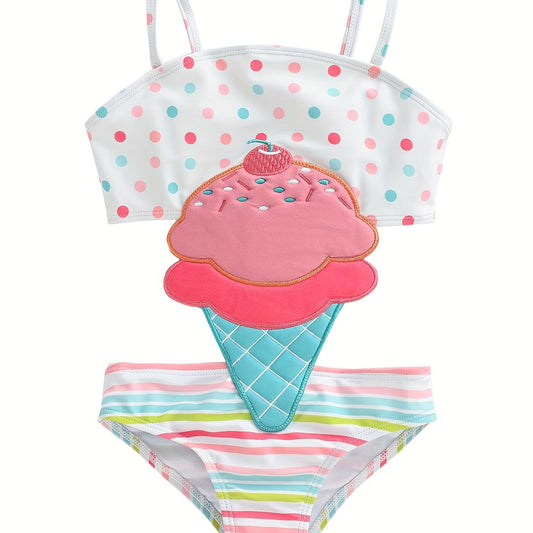 Girls Ice Cream Embroidery Cut Out Swimsuit