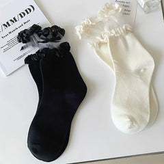Mesh Stitching Socks Sweet & Bow Tie Ruffle Socks Women's Stockings