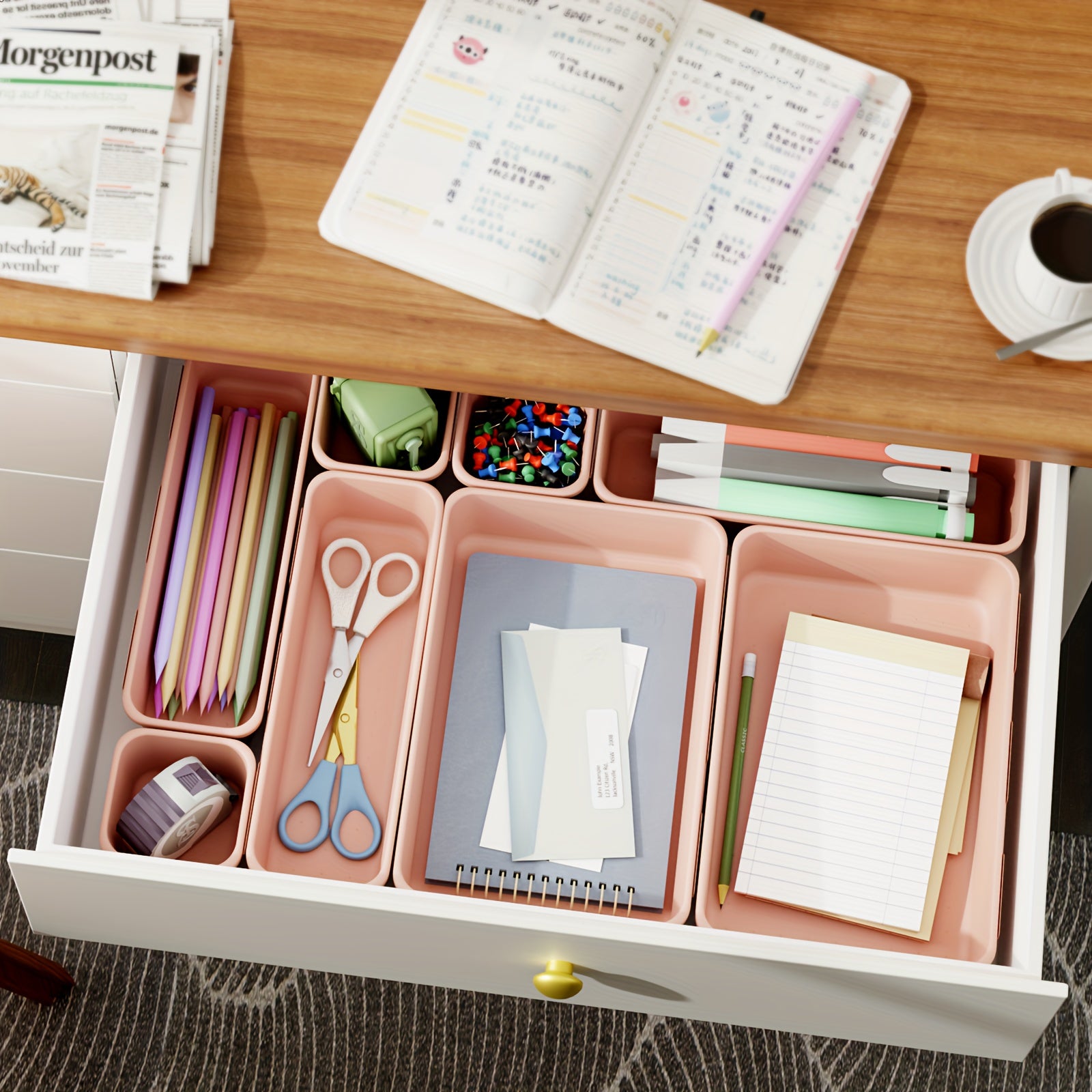 45PCS Plastic Pink Drawer Organizer Tray Divider Set for Makeup & Office Utensil