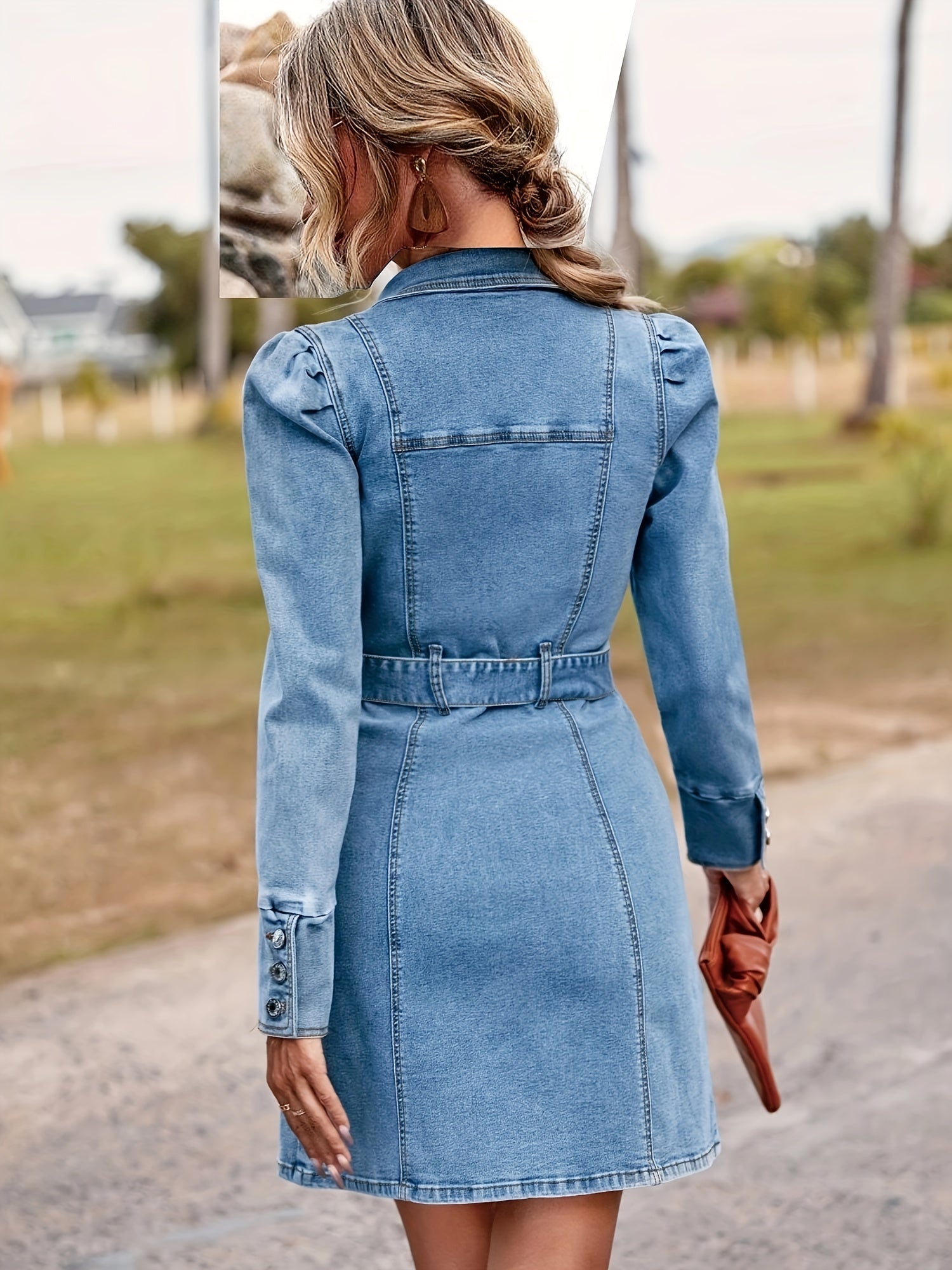 Belted Long Sleeve Denim Dress Lapel Washed Puff Shoulder