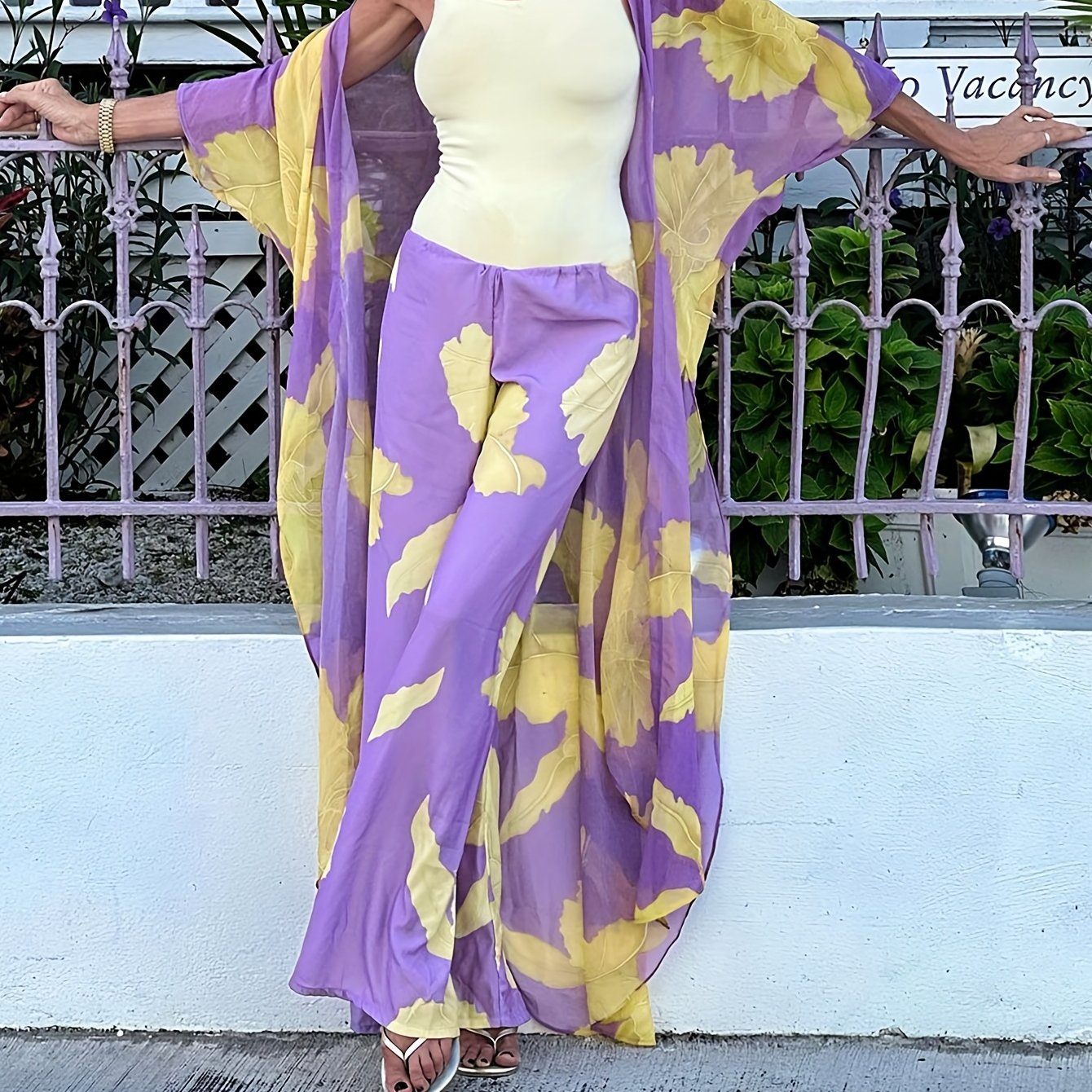 Violets Floral Print 2 Piece Beachwear Drawstring Kaftan Swimwear