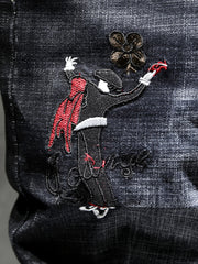 Men's Embroidered Print Denim Jeans Slim Straight Stretch Pants